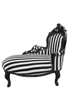 Chaise longue barroca em tecido listrado preto e branco e madeira preta
