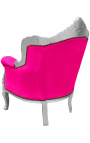 Fauteuil "princier" de style Baroque velours rose fuchsia et bois argent