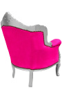 Fauteuil "princier" de style Baroque velours rose fuchsia et bois argent