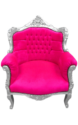 Cadeira de braço "príncipe" estilo barroco veludo rosa fúcsia e madeira de prata