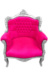 Armchair princely Baroque style fushia pink velvet and silver wood