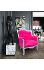 Fauteuil "princier" de style Baroque velours rose fuchsia et bois argent