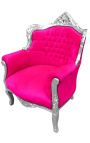 Fauteuil "princier" de style Baroque velours rose fuchsia et bois argent