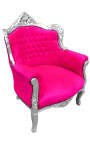 Fauteuil "princier" de style Baroque velours rose fuchsia et bois argent