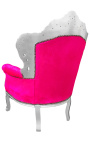 Gran sillón barroco de estilo fucsia terciopelo rosa y madera de plata