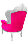 Μεγάλη πολυθρόνα σε στυλ μπαρόκ φούξια ροζ βελούδο και ασημί ξύλο