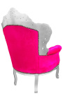 Grand fauteuil de style Baroque velours fuchsia et bois argent