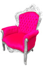 Duży fotel w stylu barokowym fuksja różowy aksamit i srebrne drewno