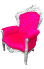 Grote fauteuil in barokstijl fuchsia roze fluweel en zilverhout