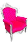 Didelis baroko stiliaus fotelis fuksijos rožinės spalvos aksomo ir sidabro medienos