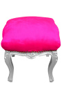 Baroque footrest Louis XV fuchsia fabric and silver wood