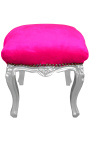Baroque footrest Louis XV fuchsia fabric and silver wood
