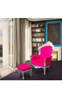 Repose-pied baroque de style Louis XV fuchsia et bois argent