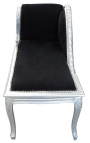 Louis XV chaise longue z čiernej sametovej tkaniny a strieborného dreva