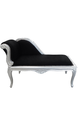 Louis XV Chaiselongue aus schwarzem Samtstoff und silbernem Holz