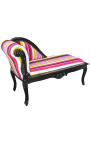 Chaise longue estilo Luís XV em tecido listrado multicolorido e madeira preta