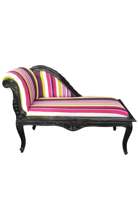 Louis XV Chaise longue multicolorido tecido listrado e madeira preta - 1