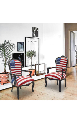 &quot;American Flag&quot; baroque armchair of Louis XV style and black wood