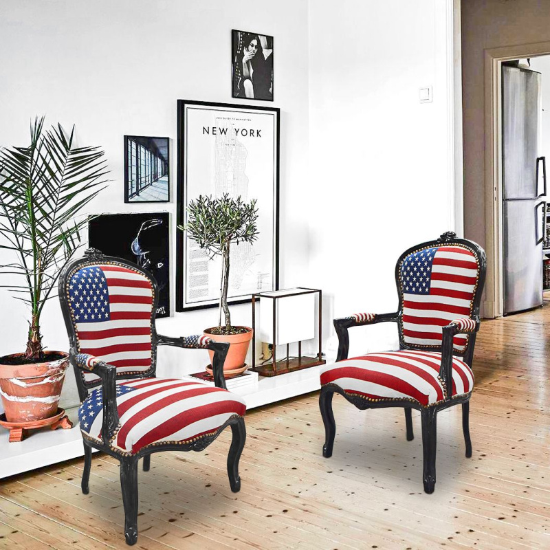 American Flag baroque armchair of Louis XV style and black wood