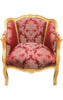 Big bergere armchair Louis XV style red "Gobelins" satine fabric and gold wood