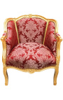 Gran sillón de bergere Louis XV estilo rojo Gobelins tela satine y madera de oro