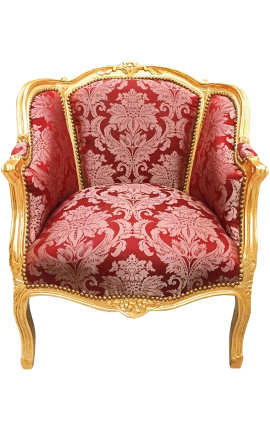 Gran poltrona Bergere Louis XV tessuto satinato di stile rosso "Gobelins" e legno dorato