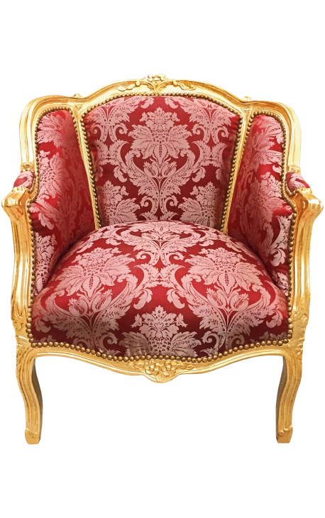 Stor bergere armstol Louis XV stil rød "Gobelins" satin vev og gull tre