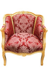 Veľká kresla Bergere Louis XV červený štýl Kobule saténová tkanina a zlaté drevo - 1