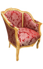 Gran sillón de bergere Louis XV estilo rojo Gobelins tela satine y madera de oro