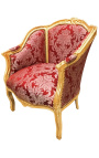 Gran sillón de bergere Louis XV estilo rojo Gobelins tela satine y madera de oro