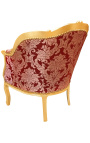 Gran sillón de bergere Louis XV estilo rojo Gobelins tela satine y madera de oro