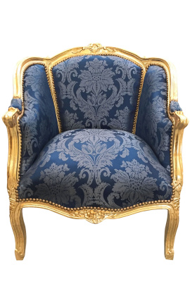 Stor bergere fotstol Louis XV stil blå "Gobeliner" satinväv och guldträ