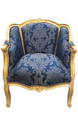 Grande bergère louis XV stile blu satinato con motivi "Gobelins" e legno dorato