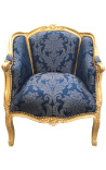 Grande bergère de style Louis XV satiné bleu aux motifs Gobelins et bois doré - 1