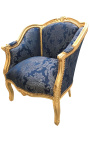 Gran sillón de bergere Louis XV estilo azul Gobelins tela satine y madera de oro