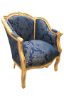 Gran sillón de bergere Louis XV estilo azul Gobelins tela satine y madera de oro