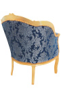 Veliki sedež Bergere modri v slogu Ludvika XV "Šablone" satenske tkanine in zlato les