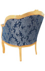 Grande bergère de style Louis XV satiné bleu aux motifs "Gobelins" et bois doré