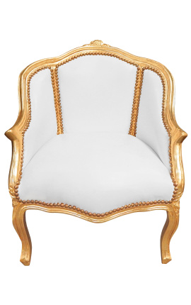 Bergere lenestol Louis XV-stil hvitt skinn og gulltre