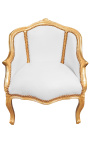 Bergere atzveltnes krēsls Louis XV stilā balts ādas un zelta koka