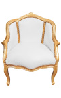 Bergère tecido estilo louis XV simili couro branco e madeira dourada