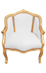 Poltrona Bergere Louis XV Estilo branco Leatherette e madeira de ouro - 1