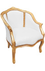 Bergere fotoliu Louis XV stil alb din piele albă și lemn de aur - 16