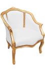 Fotel Bergere w stylu Ludwika XV, biała skóra i złote drewno