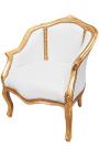 Bergere-Sessel im Louis-XV-Stil aus weißem Kunstleder und goldenem Holz