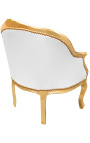 Bergere-Sessel im Louis-XV-Stil aus weißem Kunstleder und goldenem Holz