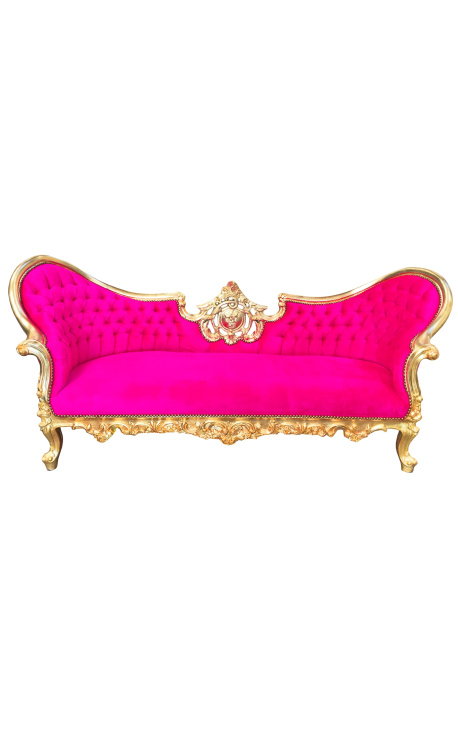 Canapea baroc Napoleon al III-lea tesatura medalion catifea fucsia si lemn auriu