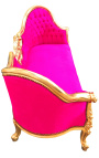 Barroco Napoleón III medallón sofá tela fuchsia terciopelo y madera de oro