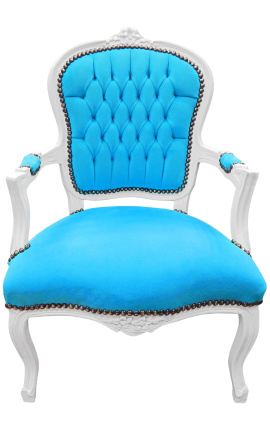 Fauteuil baroque de style Louis XV velours turquoise et bois blanc