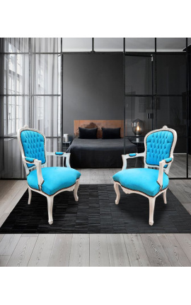 Fauteuil baroque de style Louis XV velours turquoise et bois blanc